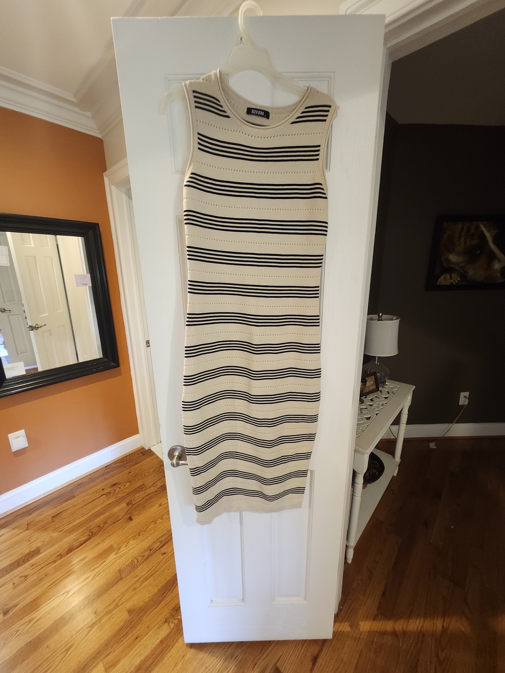 Alfani Sleeveless Knit Midi Dress in Cream with Black Stripes